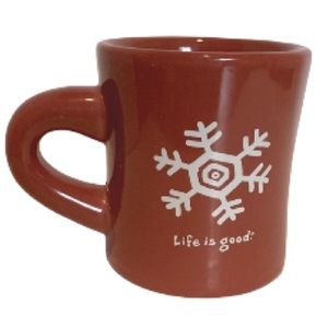 LIFE IS GOOD Burnt Orange with White Snowflake Winter Holiday Coffee Mug 10 oz